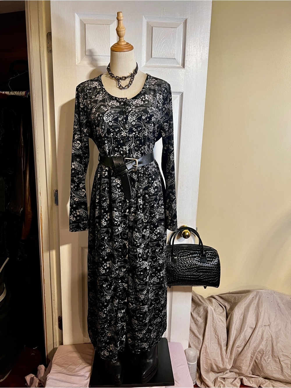 Wms Black Gray Paisley Velvet Pleated Long Sleeve Boho Retro Midi Dress 14/16